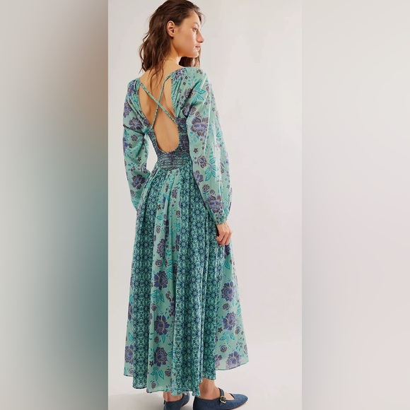 Free People Maxi Dress Women Boho A New Way Preppy Green Classic Floral NWT - Picture 3 of 6